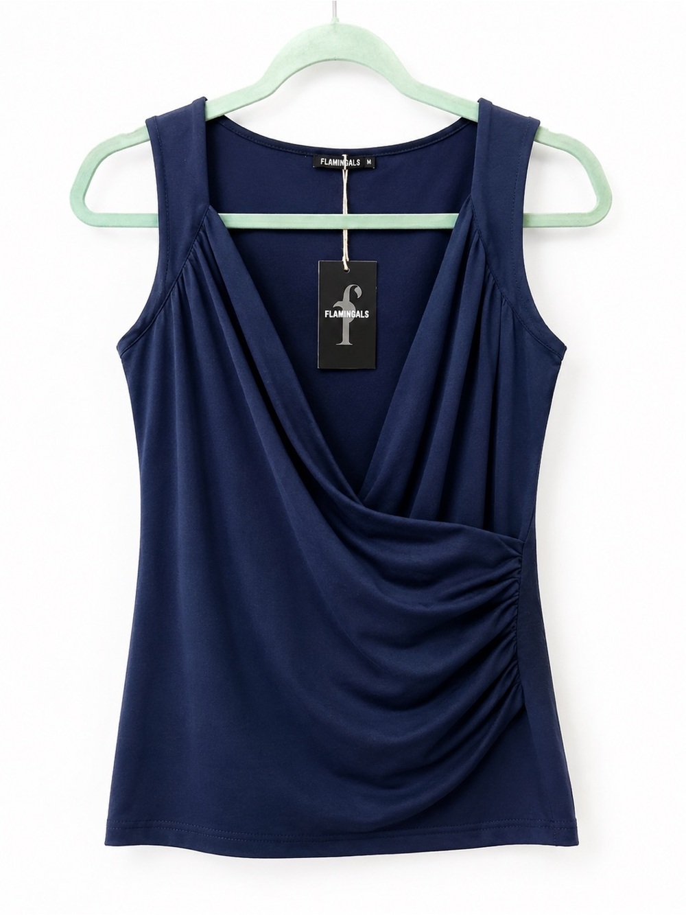 Flamingals Navy Blue Ruched Surplice Wrap Sleeveless Tank Top M NWT